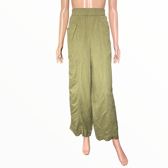 MADEWELL Olive Green Elastic Waist Pull-On Linen Blend Wide-Leg Relaxed Pants L - Picture 2 of 8